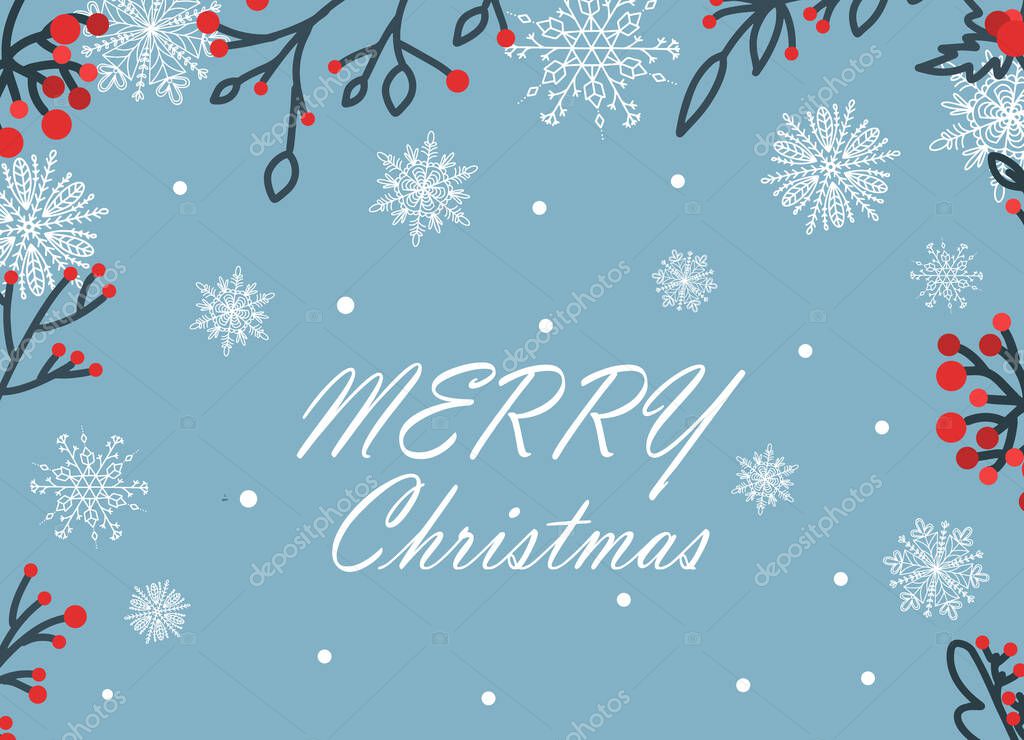 Beautiful background with white snowflakes and berry branches for winter design. Collection of Christmas New Year elements. Frozen silhouettes of crystal snowflakes. Modern design. Holiday wallpaper.