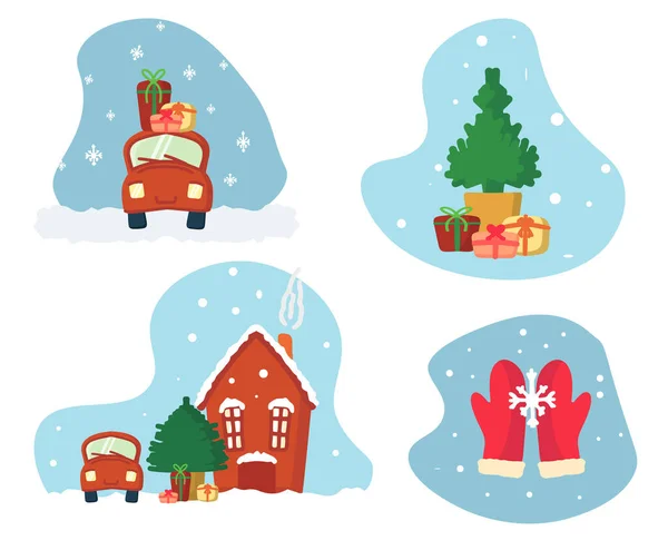 Beautiful Snowflakes Set Story Cards Christmas New Year Car House — Stock Vector