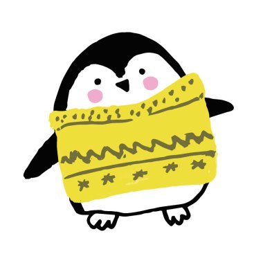 Noel ve yeni yıl için sevimli bir penguen. Sarı şapkalı ve eşarplı sevimli penguen. Noel pengueni karakterleri. Düz ve çizgi film tarzında vektör illüstrasyonu