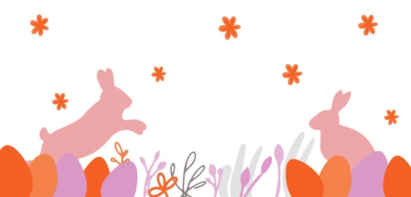 Beautiful vector banner with rabbits, colored eggs, happy Easter. Pink and orange colors. Simple flat and cartoon style. Background design, postcards, stickers, flyers. — Stock Vector