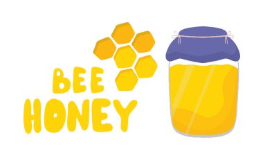 Güzel poster, bal dolu kavanozlu pankart. Bal peteği harfleri yazılı tatlım. Çizgi filmdeki vektör görüntüleri, düz stil. Elle çizilmiş çizimler. Bal toplama ve satma konsepti