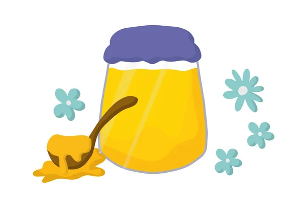 Vector honey jar, wooden spoon, bee honey, blue flowers. Cartoon, flat style. Use for postcards, T-shirt printing, for children, advertising, brochures, stationery. — Vetor de Stock