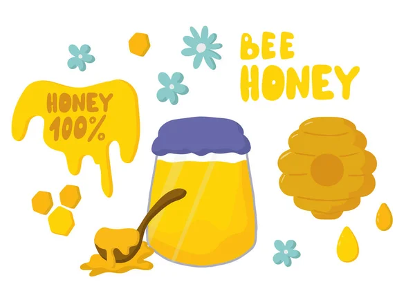 Ensemble vectoriel de pots de miel, cuillère en bois, ruche, gouttes, lettrage des abeilles, gouttes, gouttes, meurt pour le texte. Caricature, style plat. Utilisez pour les cartes postales, impression de t-shirt, pour les enfants, publicité, brochures — Image vectorielle