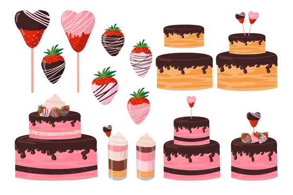 Set of chocolate strawberries, cupcakes, delicious. Strawberry, cream cake, dessert in glasses, berry candy on stick in the shape of a heart. Vector flat illustration on an isolated white background. — Stock Vector