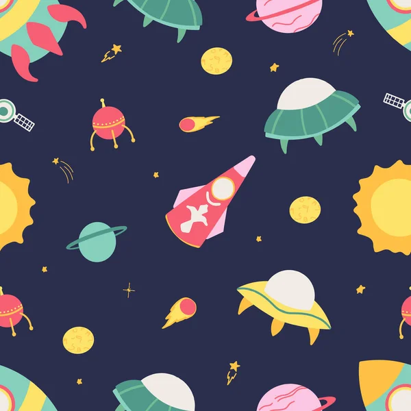 Seamless pattern with cosmic elements. Ship, rocket, flying saucer, planet, sun, constellation, galaxy, asteroid. Colorful and bright colors. Vector flat cartoon style. backgrounds, prints, decor — Stock Vector