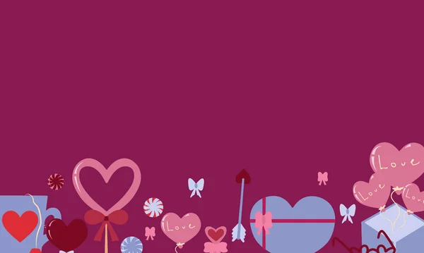 Hermosa pancarta para el día de San Valentín 14 de febrero. Decoración festiva. Dulces regalos y cajas de hielo en forma de corazones, una caja con globos, una taza, una llave. Ilustración vectorial en estilo plano y de dibujos animados. — Vector de stock
