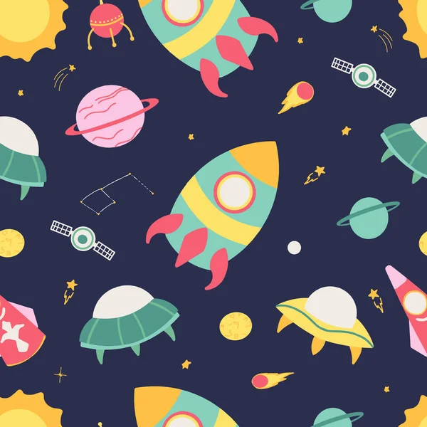 Seamless pattern with cosmic elements. Ship, rocket, flying saucer, planet, sun, constellation, galaxy, asteroid. Colorful and bright colors. Vector flat cartoon style. backgrounds, prints, decor — Vettoriale Stock