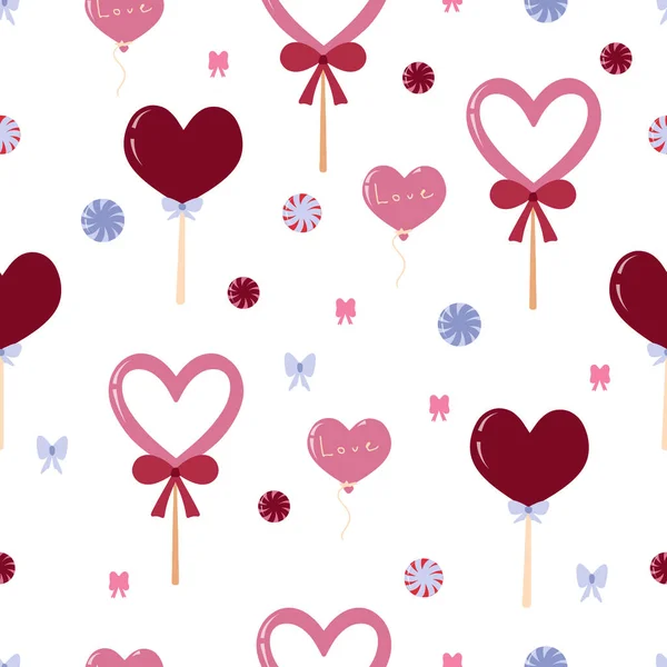 Hermoso patrón sin costuras para el día de San Valentín 14 de febrero. Decoración festiva. Dulces regalos, paletas de corazón, arcos. Ilustración vectorial en estilo plano y de dibujos animados en color rosa y lila — Vector de stock