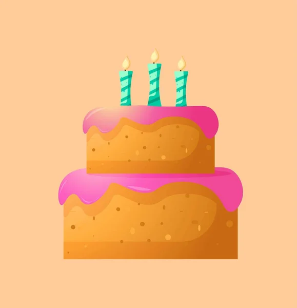 Belo bolo vetorial com gelo rosa e velas azuis em chamas. Parabéns pelo teu aniversário, aniversário, casamento. Estilo cartoon arejado. Para o design de cartões postais, papel, embalagens, cartões. — Vetor de Stock
