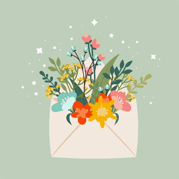 Boldog nők március 8. Aranyos képeslap, poszter boríték virágcsokorral és csillagokkal. Tavaszi kompozíció, gratulálok az anyáknak. Vektor illusztráció egy finom zöld háttér. — Stock Vector