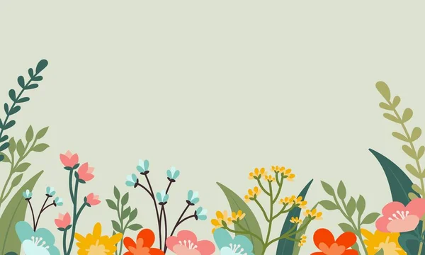 Belo fundo vetorial para texto. Estilo na moda e colorido de campos de flores de verão, pétalas, galhos, flores em um fundo verde delicado. Design para banner, capa, cartão postal, cartaz — Vetor de Stock