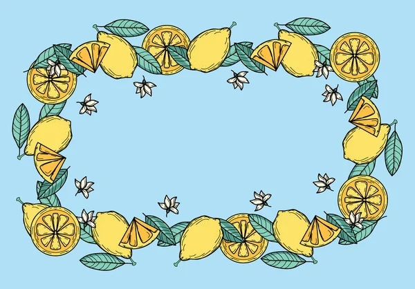 Beautiful background with yellow lemons, green leaves for summer design. Collection of juicy solar decorative elements. Fresh fruit, vitamin C. Modern design. Banner, postcard, signboard, decoration — 图库矢量图片