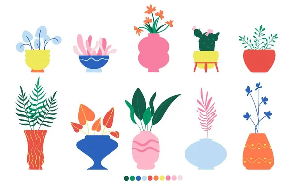 一套室内植物在五颜六色的水壶里 在花盆 花瓶中种植室内叶状植物 漂亮的家庭内部装饰 家庭花园 平面矢量图解 矢量说明 — 图库矢量图片