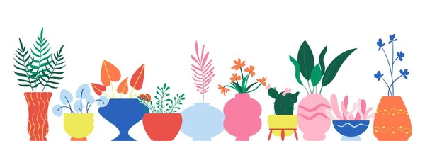 Vector banner, φόντο με φυτά εσωτερικού χώρου σε χρωματιστές γλάστρες σε boho στυλ. Φυλλώδη φυτά εσωτερικού χώρου που αναπτύσσονται σε βάζα λουλουδιών. Όμορφο εσωτερικό με διακόσμηση. Κήπος. Επίπεδη απεικόνιση — Διανυσματικό Αρχείο