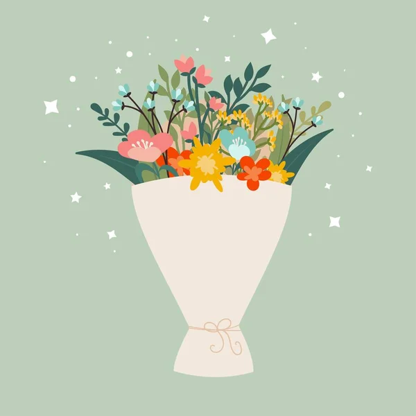 Happy Women 8 de Março. Definir cartão postal bonito, um cartaz com um buquê de flores e estrelas. Composição de primavera, congratulações a mães. Ilustração vetorial sobre um fundo verde delicado. — Vetor de Stock