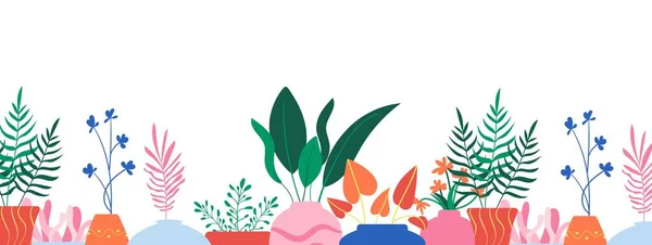 Vektor banner, háttér beltéri növények színes edények boho stílusban. Virágvázákban növő leveles beltéri növények. Gyönyörű belső dekorációval. Házikert. Lapos illusztráció — Stock Vector