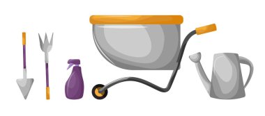 Bitkiler, çiçekler, otlar, fidanlar, ekme malzemeleri, su bidonu, tırmık, kürek, el arabası için bahçe aletleri koleksiyonu. Vektör karikatür ekipmanı izole edildi. Bahar çiftçiliğinin simgeleri.