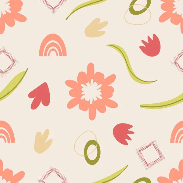 Сучасний весняний безшовний візерунок з квітковими силуетами, ботанічними формами. Векторні ілюстрації намальовані руками. Дизайн для моди, текстилю, тканин, обкладинок, мереж, шпалер, банерів, плакатів, упаковки — стоковий вектор