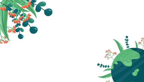Dia da Terra é 22 de abril. Banner Dia Internacional da Mãe Terra. Protecção do ambiente. Ilustração vetorial em estilo cartoon do globo, flores, folhas. Para impressão de adesivos, cartazes, cartões postais. — Vetor de Stock