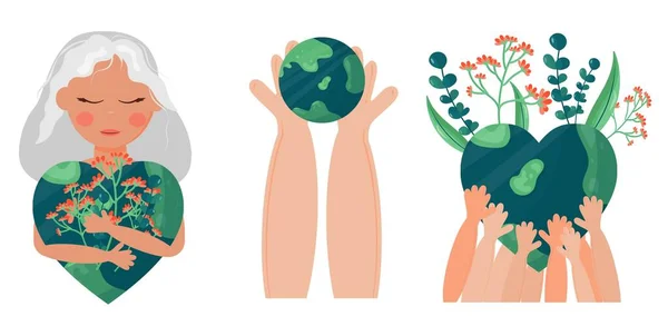 A Föld napja április 22-e, a Föld Anyák Nemzetközi Napja. Környezetvédelmi problémák és környezetvédelem. Vektor illusztráció rajzfilm stílusban, botanikai elemek. Matricákhoz, plakátokhoz, képeslapokhoz. — Stock Vector