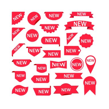 Yeni etiket kümesi. Yeni gelenler için kırmızı promosyon Etiketleri bölümüne alışveriş. Vektör düz stil çizgi film illüstrasyon izole beyaz arka plan üzerinde