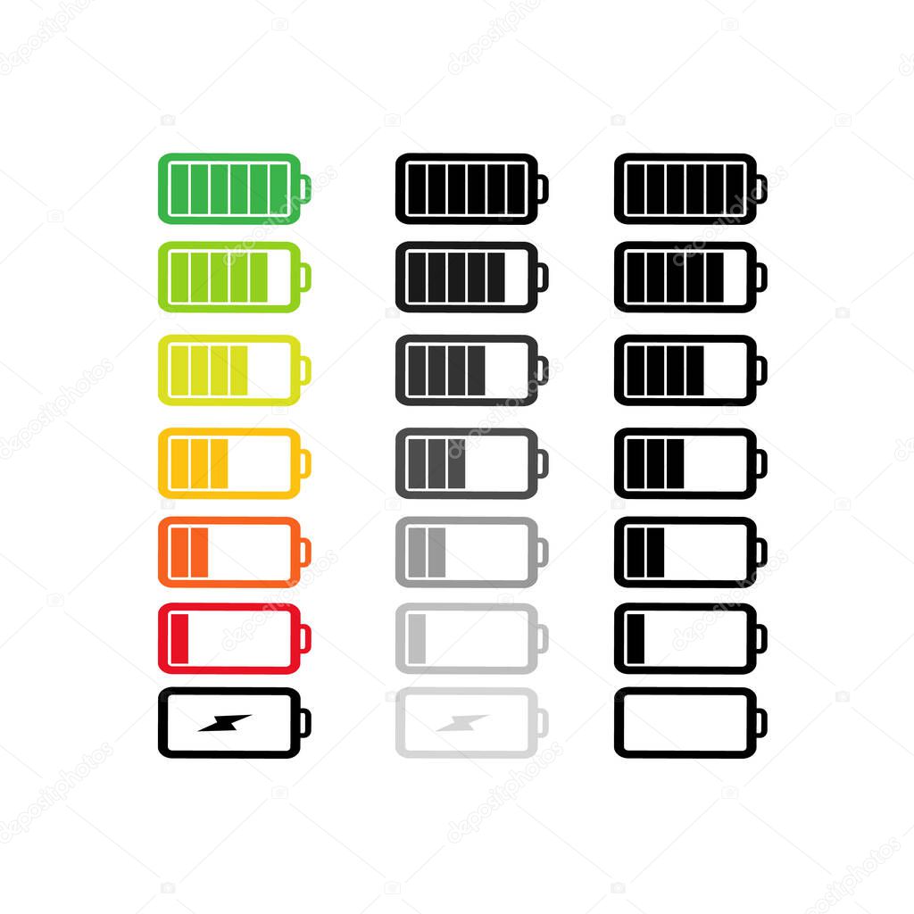 Vector Icon set of batteries with different degree of energy charge. Battery black color black battery with color scale charge power. Illustration battery sign symbol