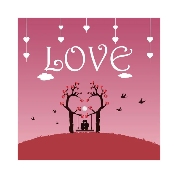 Romantic Silhouette Loving Couple Sitting Swing Tree Background Moon Shape Stock Vector