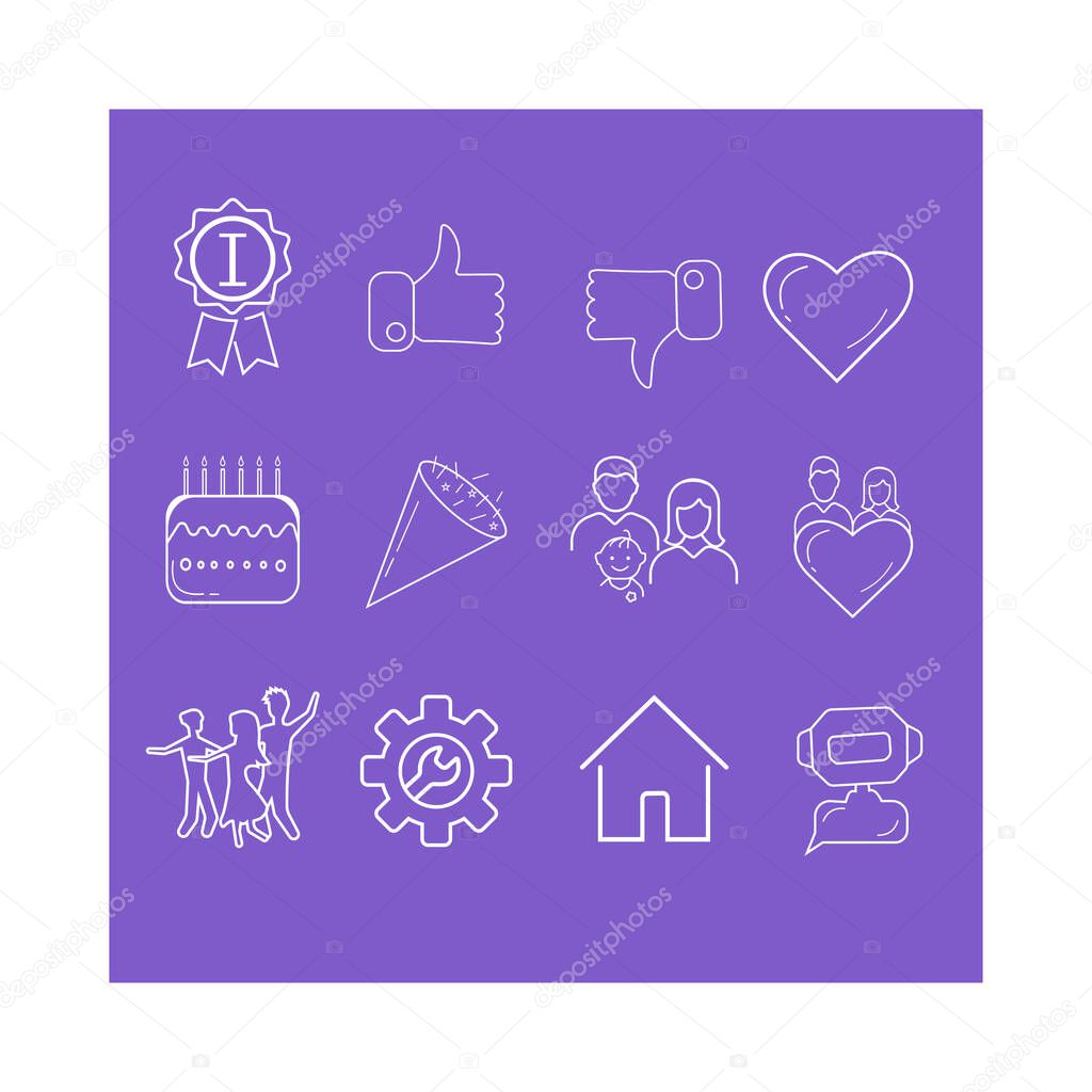 set of simple icons, holidays, seed, settings, chat bot, heart love friends home achievements