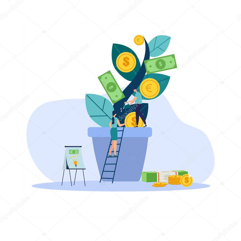 growing money tree. Coin, piggy bank, cash flat vector illustration. Financial education and investment concept for banner, or web design.