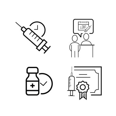 Zamanlayıcı ile tıbbi şişe ve şırınga. Aşı çizelgesi simgesi. İkinci enjeksiyon zaman sembolü. Bağışıklık konsepti. Antiviral tıbbi konsept. Vektör