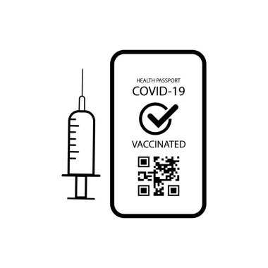 Covid-19 aşı pasaportu. Aşı sertifikası, tıbbi kart ya da zamanda yolculuk için pasaport. Aşı kartının vektör çizimi, erkek ve kadın. Uluslararası dokunulmazlık belgesi