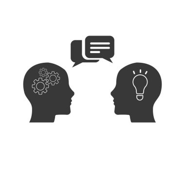 Bir fikri paylaşmak, düz tasarım, iş planı konsepti. Vektör çizimi. İki iş adamı, takım çalışması. Ödünç fikirler.