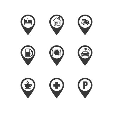 Ev ve konum, adres ve harita simgelerinin basit vektör grafik çizimi. Posterler, afişler, el ilanları, el ilanları, iş ilanları, beslemeler, webinar posterleri ve iş dünyası için harika..