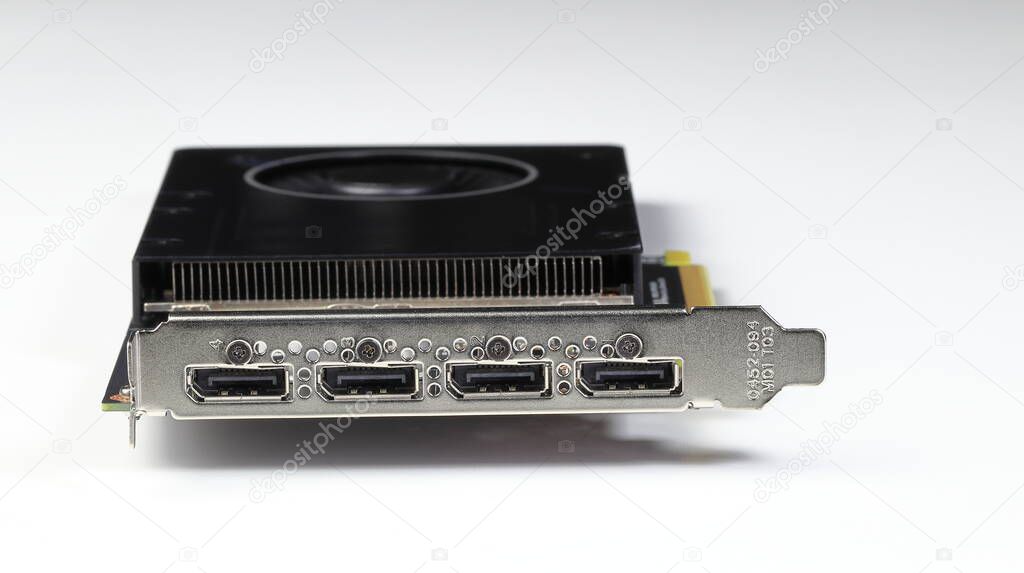 Display ports on Professional video graphic card, High performance video graphic card for workstation computer isolated on white, 