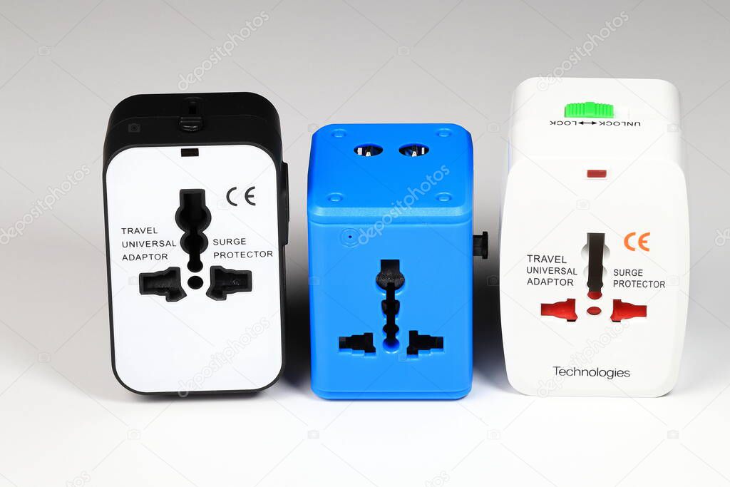 Vareity of Universal plug adapters, Box type travel plug adapters isolated on white background