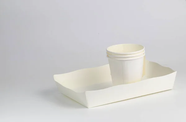 White Empty Blank Disposable Paper Cardboard Utensil Different Size Isolated — Photo