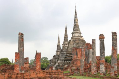 Ancient pagoda, Ruins of pagoda at Wat Phra Si Sanphet temple in Ayutthaya historical park, Ruins of the old capital of Siam Kingdom in Thailand.
