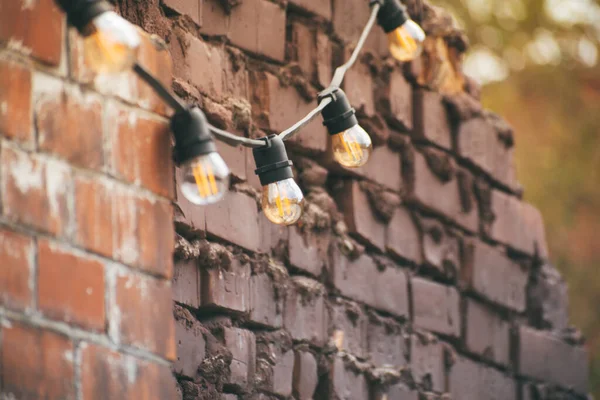 outdoor lighting bulb. a lamp on a wire. many lamps on a wire on a summer terrace in a cafe