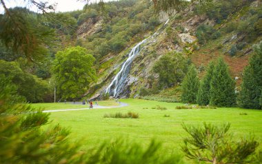 Wicklow, İrlanda - 10.03.2021: İrlanda 'nın en yüksek şelalesi Powerscourt Şelalesi' nin görkemli su çağlayanı. Wicklow, İrlanda 'daki ünlü turistik merkezler.