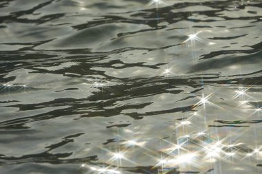 Parlak su ve yumuşak dalgaların dokusu. Suda parlayan arka plan. Güneş parlayan ve dalgalanan deniz suyu. Güçlü ve barışçıl doğa kavramı.