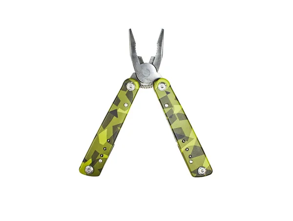 瑞士刀被白色背景隔离 绿色碳和灰色多功能工具 — 图库照片