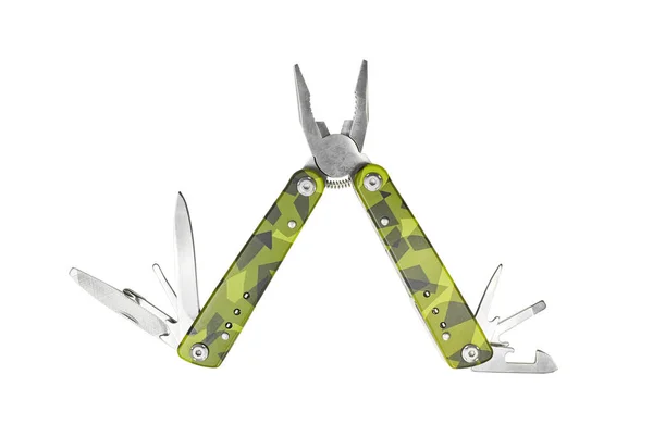 瑞士刀被白色背景隔离 绿色碳和灰色多功能工具 — 图库照片