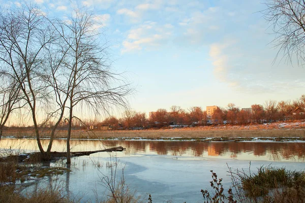 Kışın huş ağacı ve donmuş nehirle güzel doğal manzara.