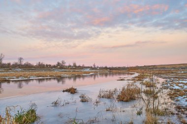 Kışın huş ağacı ve donmuş nehirle güzel doğal manzara.