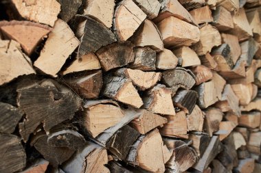 Odunlukta birkaç sıra halinde odun yığını var. Kırsal yaşam, fırınlar için yakıt..