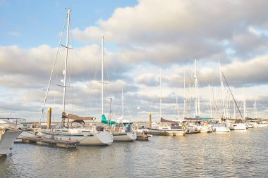 Park halindeki tekneleri, limandaki yatları olan bir iskele..