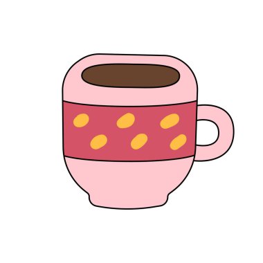 Pembe fincanlı çay veya kahve. Karalama tarzında vektör simgesi. Bir bardak sıcak içecek. Kahve dükkanı ve web tasarımı için imza atın. Resimler beyaz arkaplanda izole edildi