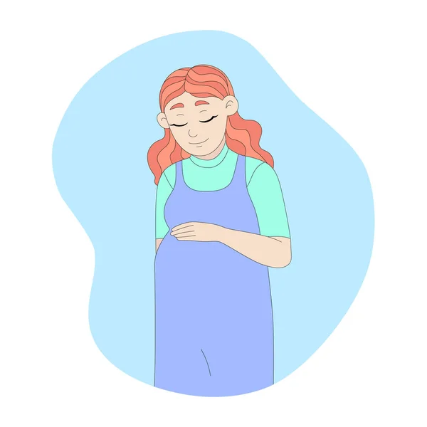 Kızıl saçlı hamile kadın mutlu bir beklenti içinde. Gülümseyen genç bir annenin vektör çizimi. Mavi arkaplanda çizgi film tarzı resim