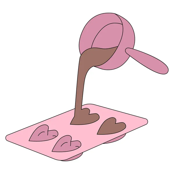 チョコレートの準備 漫画風 チョコレートをシリコン製のハート型に入れる バレンタインデーのキャンディ 白を基調としたベクトルイラスト — ストックベクタ
