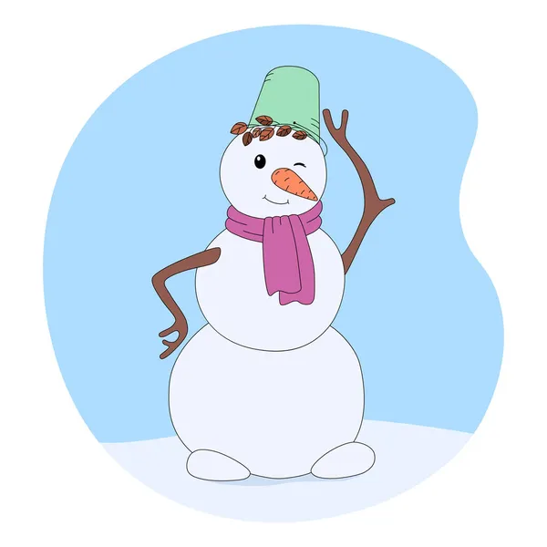 Mignon Bonhomme Neige Souriant Dans Style Dessin Animé Illustration Vectorielle — Image vectorielle